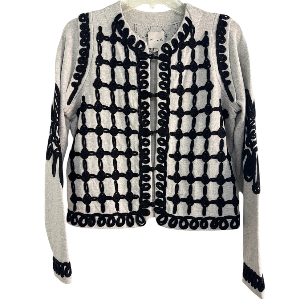NIC ZOE Gray Black Embroidered Cardigan‎ Sweater Jacket Women's Size S